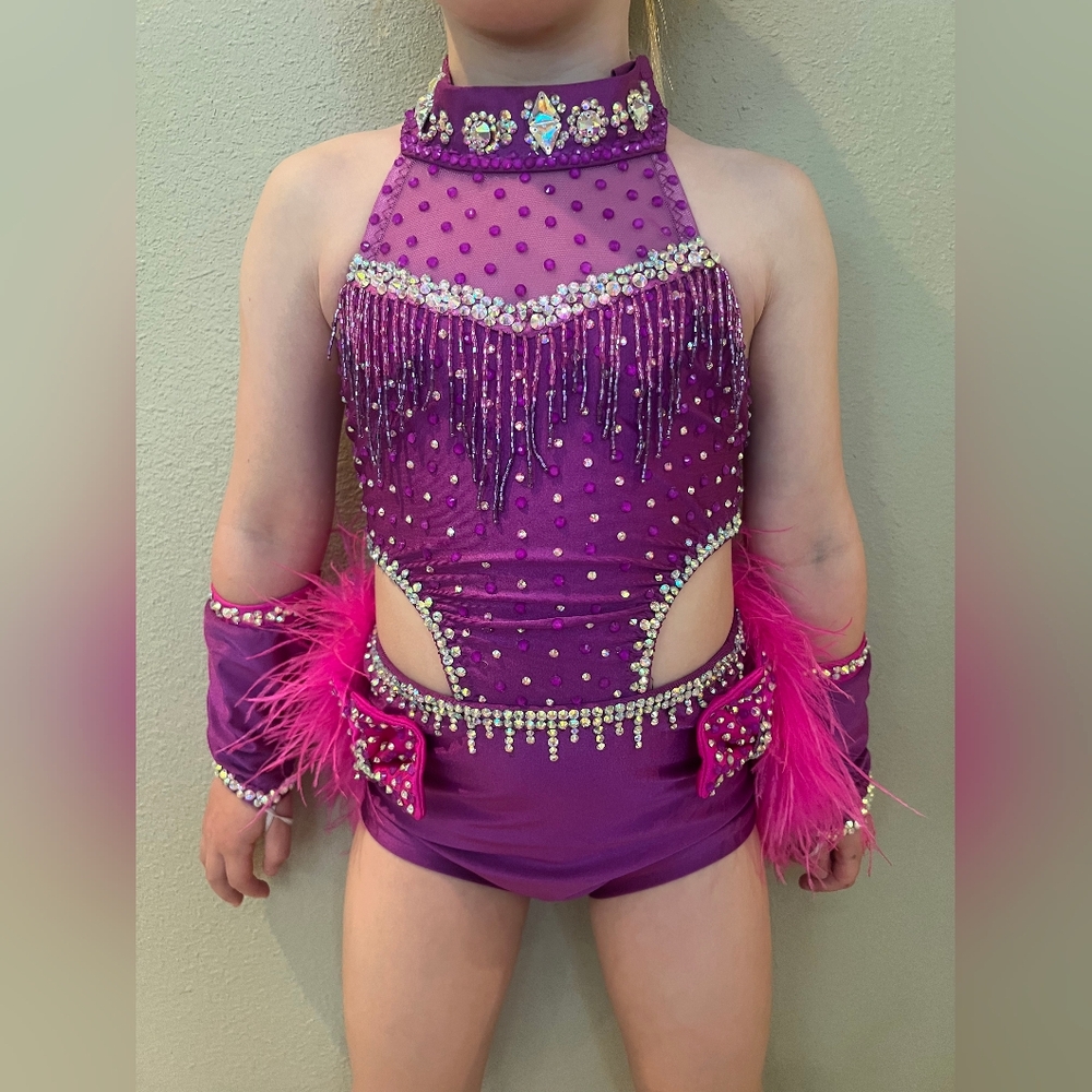 Handmade Dance Costume Purple Pink Rhinestone Fringe Feather Size 5/6 or 7/8